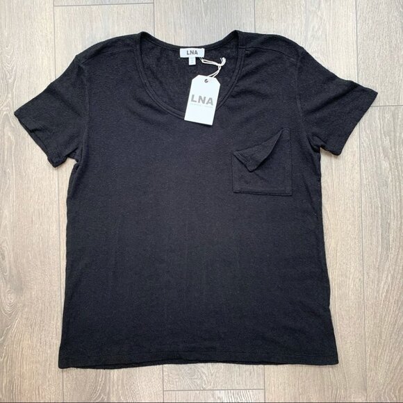 Revolve LNA Short Sleeve Torn Pocket Tee T-shirt Oversized Scoop Neck Black XS - Picture 2 of 14